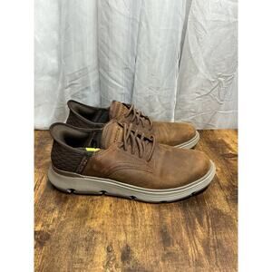 Skechers Men Sz 9.5 Garza Gervin Slip-Ins Brown Leather Hands Free Shoes 205046